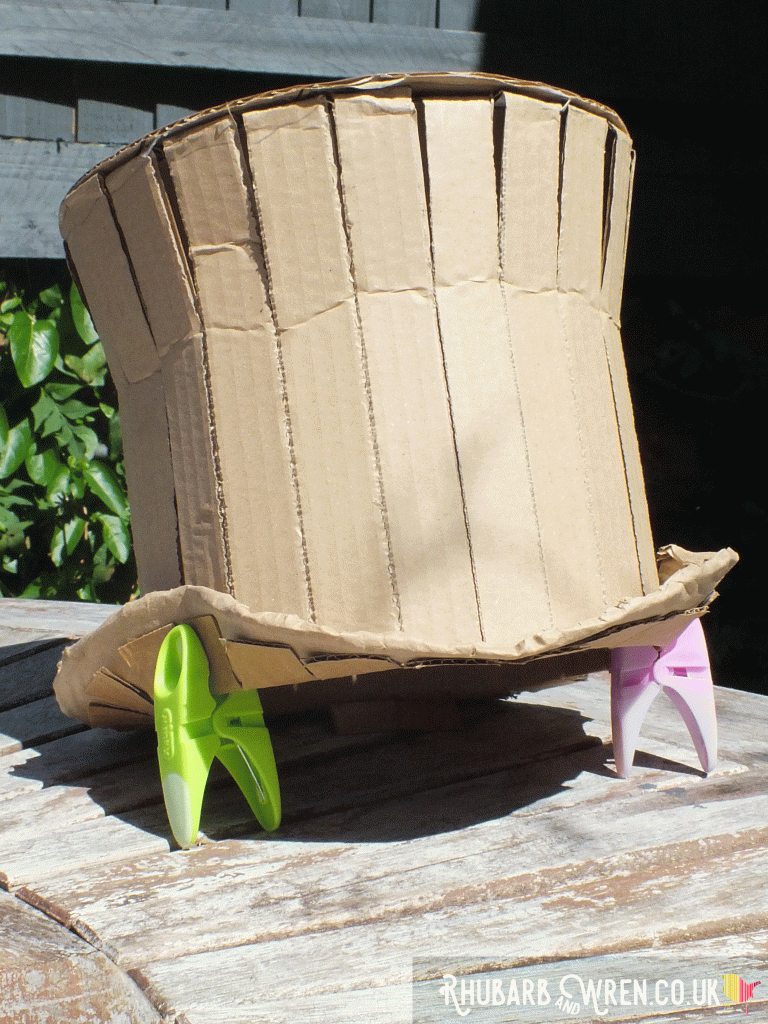 cardboard Willy Wonka hat - brim pegged back to make a curve