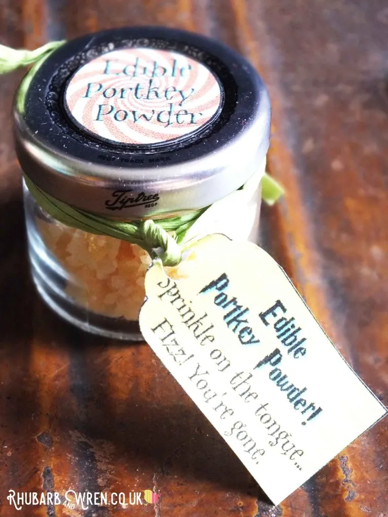 DIY Harry Potter party bag - popping candy in a jar with a label reading 'Portkey Powder'