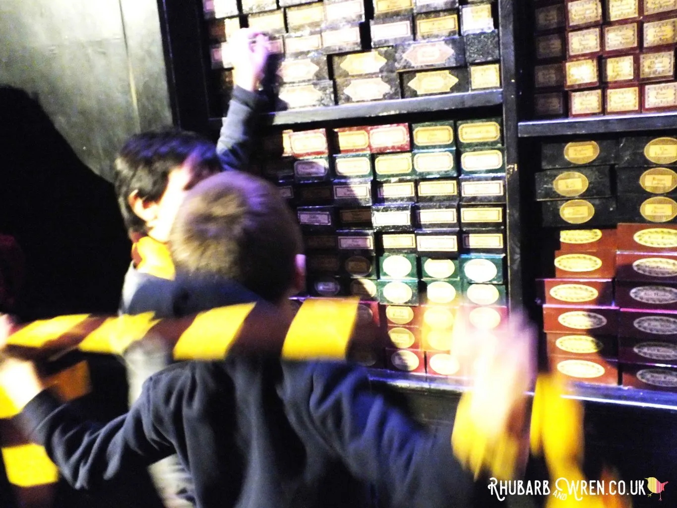 Boys wearing Hogwart's school scarves from a DIY Harry Potter Party Bag, in Olivander's Wand Shop.