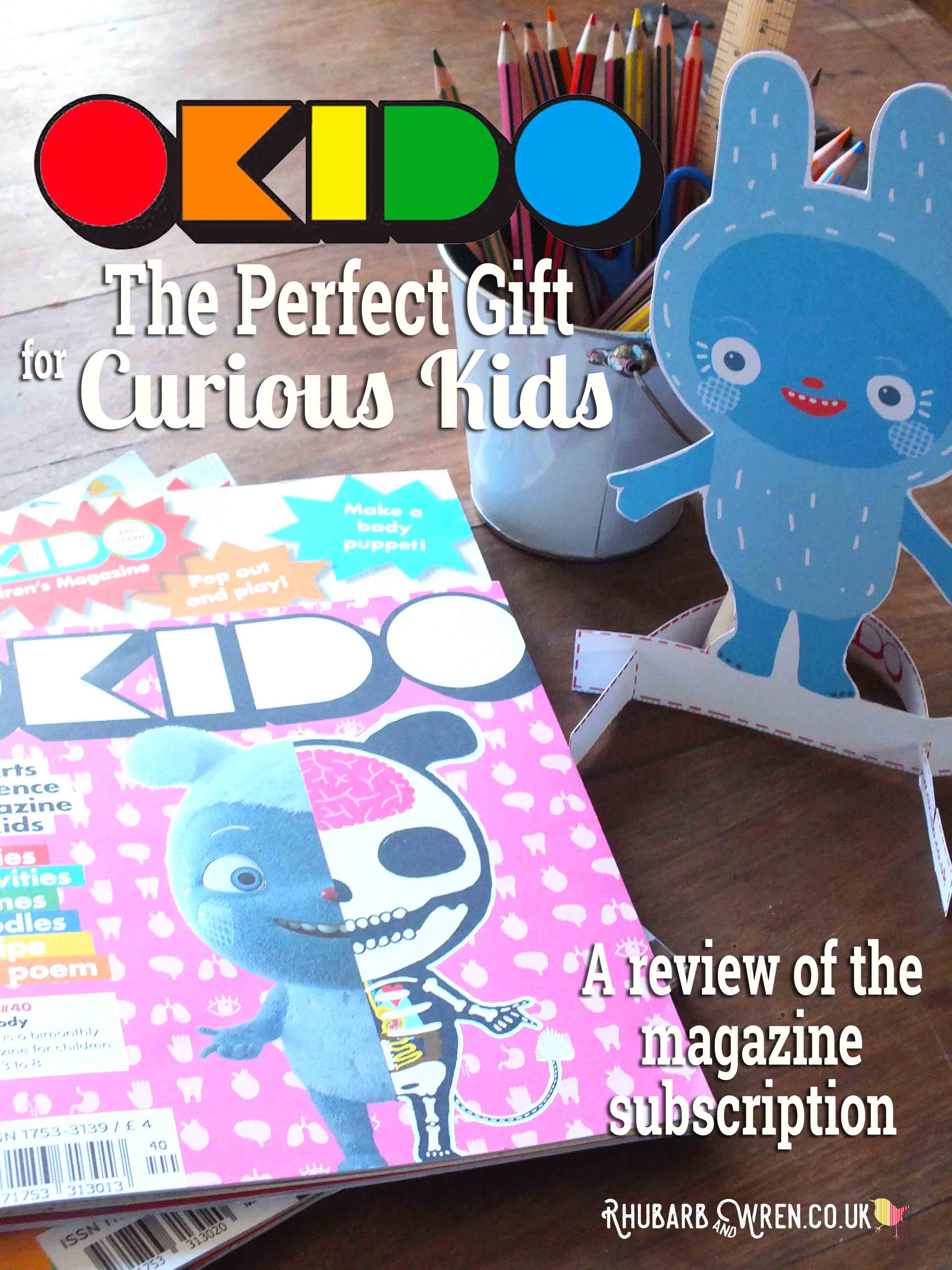 Okido Magazines and Messy Monster card cut-out. Text reads: 'The Perfect Gift for Curious Kids'