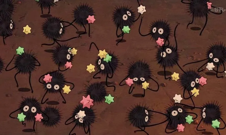image from Spirited Away by Studio Ghibli - soot sprites eating Konpeito sweets.